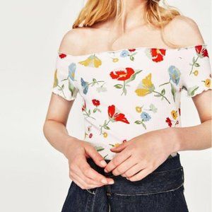 Zara Floral Ribbed Off The Shoulder Crop